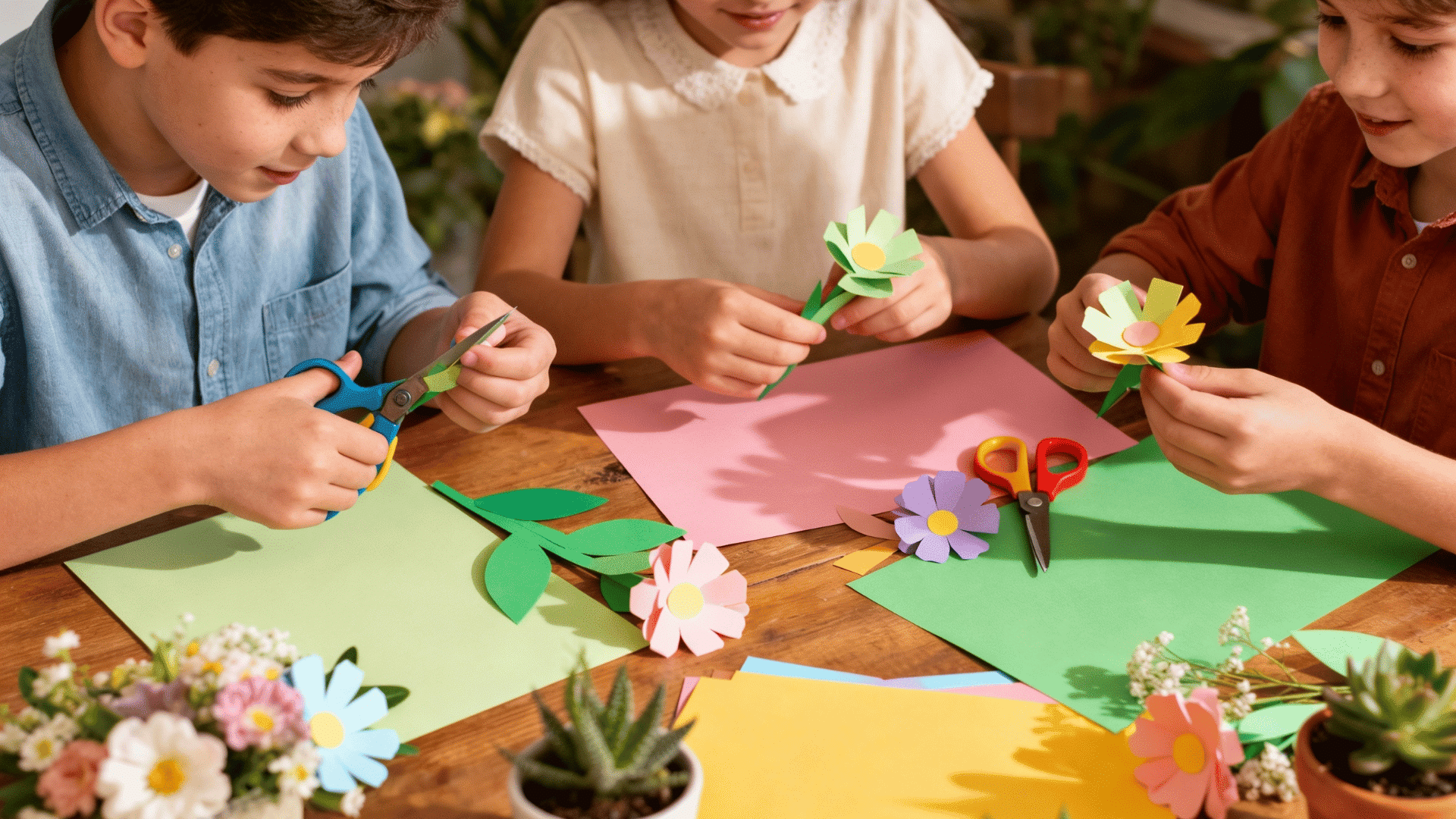 Three children cut and assemble colorful paper flowers at a wooden table with scissors and bright craft supplies. for spring. fun!