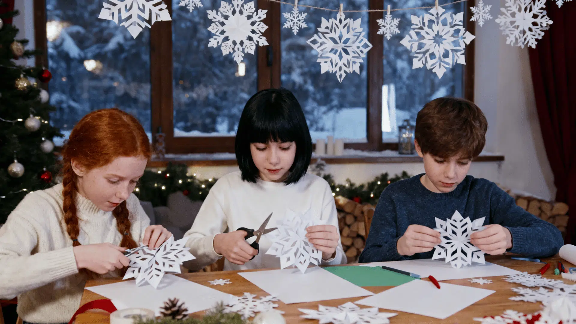 Three children cut paper snowflakes at a festive table with winter decorations and hanging snowflakes indoors tonight.