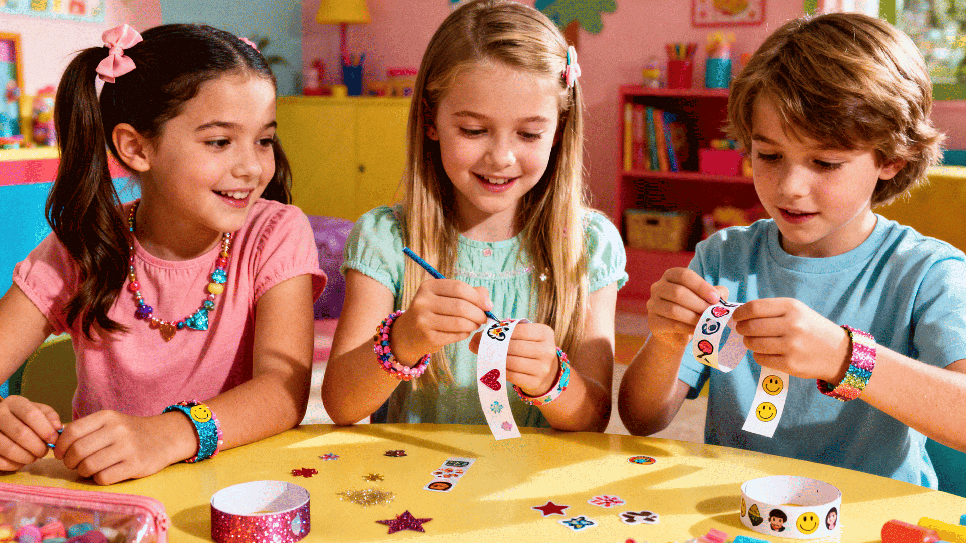 Three children decorate colorful friendship bracelets with stickers and glitter at a bright craft table during fun playtime.