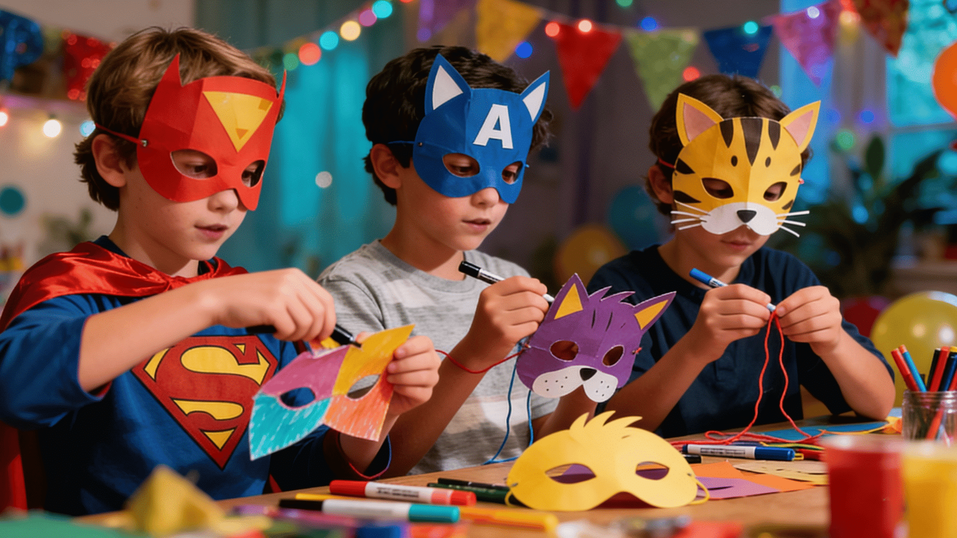 Three children decorate colorful handmade masks at a festive craft table with markers, string, and party lights indoors.