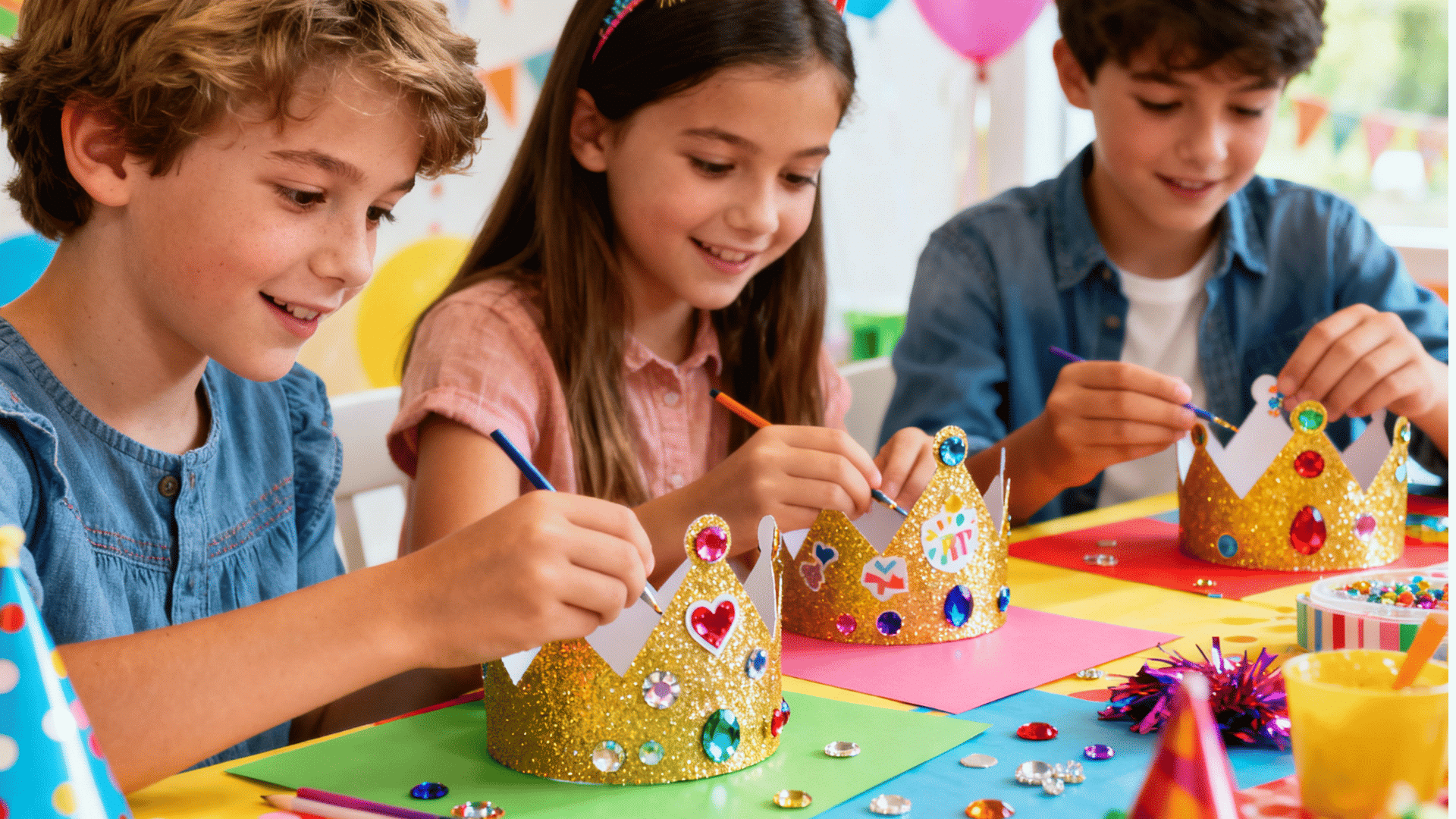 Three children decorate sparkling paper crowns with gems and paint during a colorful classroom craft activity.