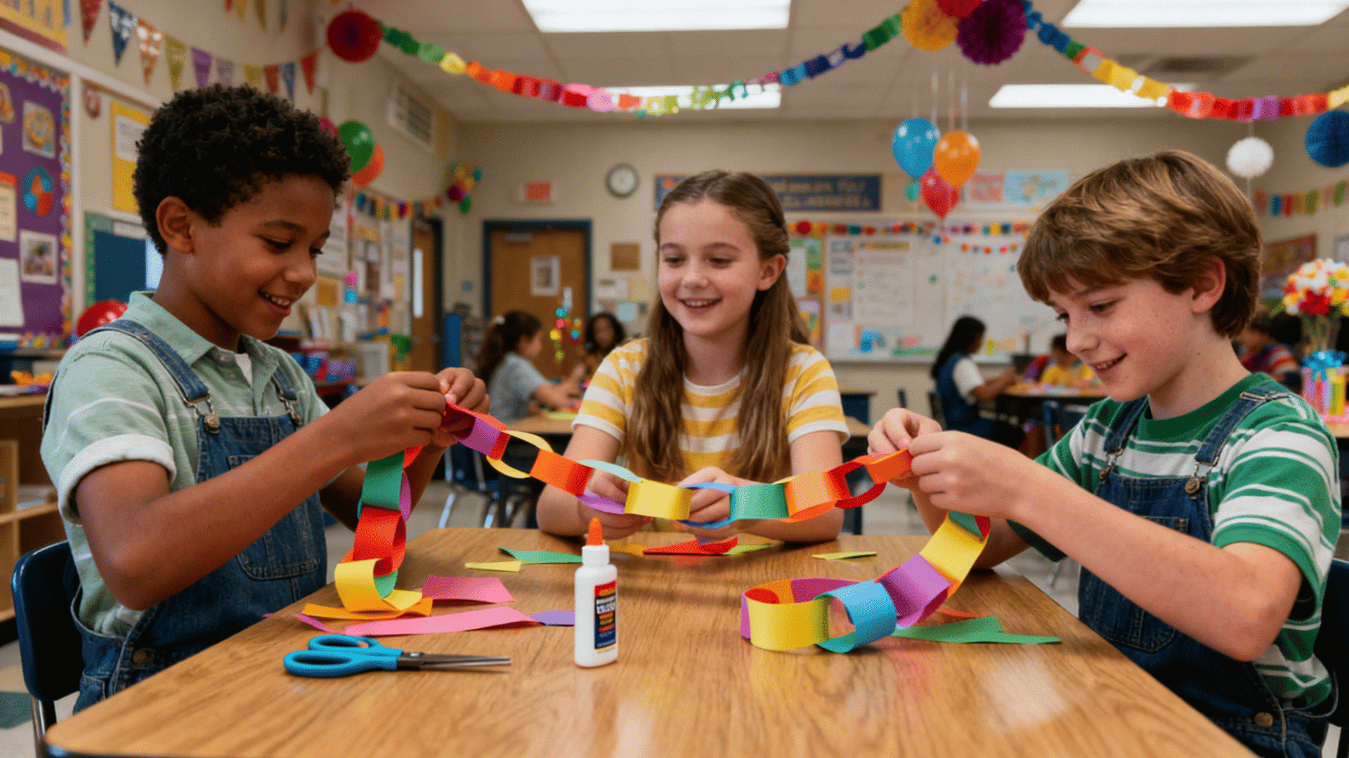 Three children make colorful paper chains together at a classroom table with scissors, glue, and bright decorations. for displays. (1)