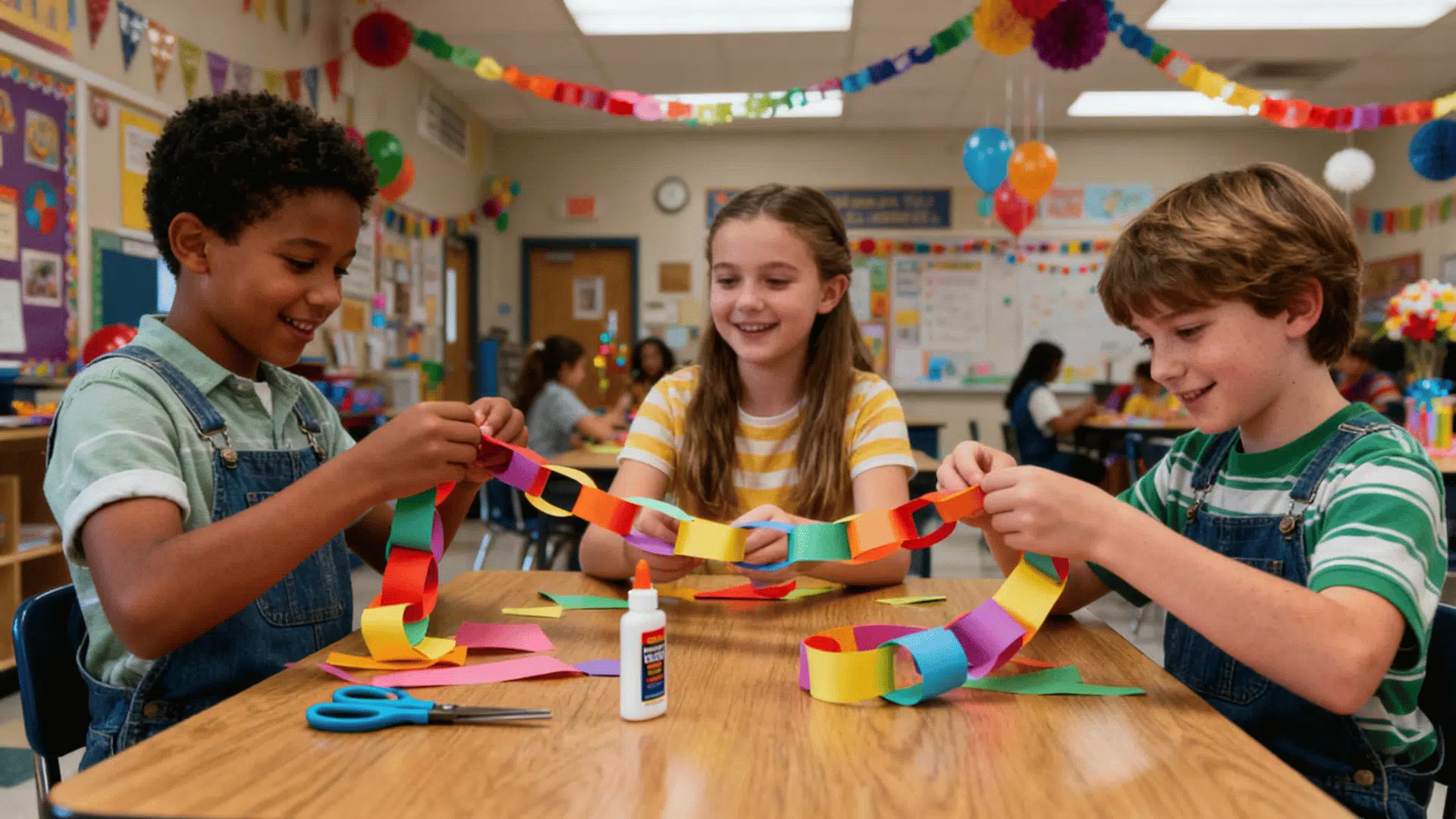 Three children make colorful paper chains together at a classroom table with scissors, glue, and bright decorations. for displays. (1)