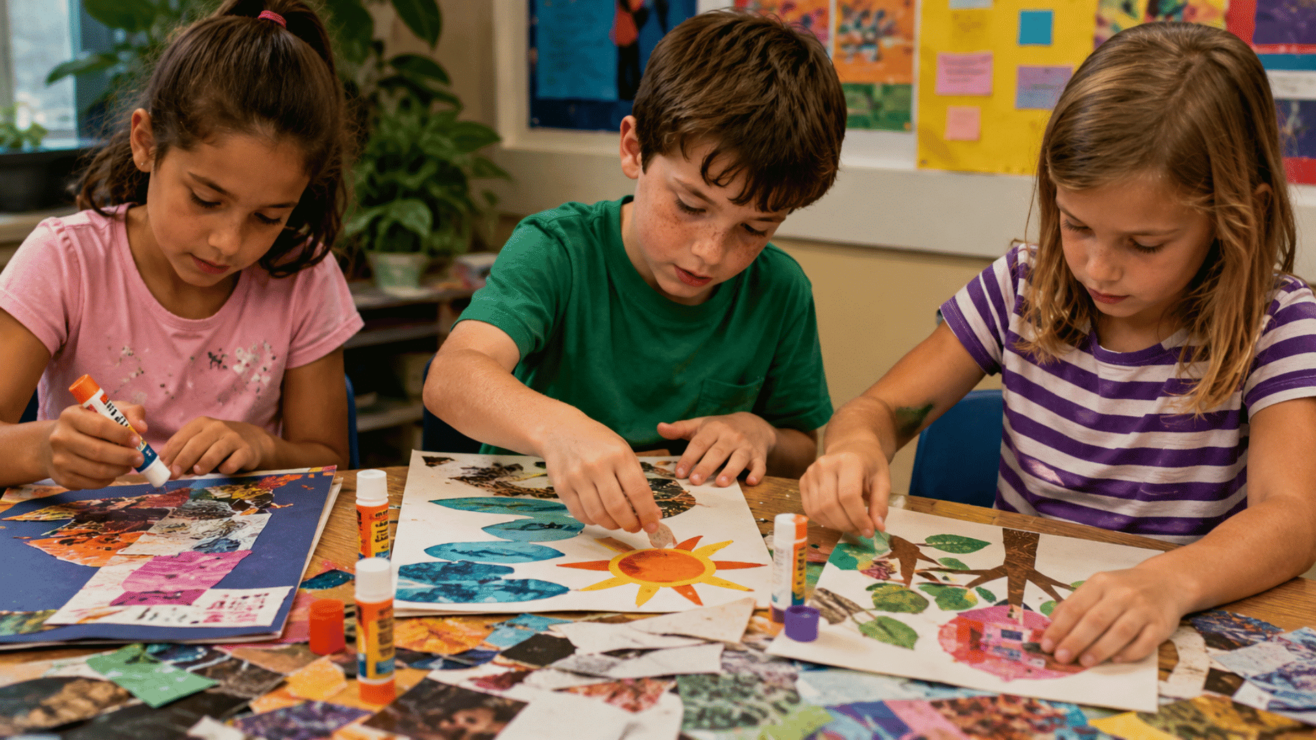Three kids create colorful paper collages with magazine cutouts and glue at a vibrant classroom craft table together. after school
