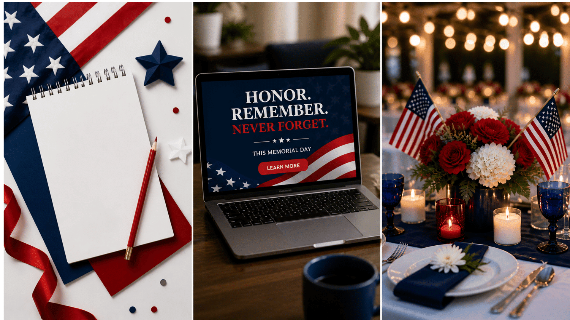 Three-panel Memorial Day design collage with patriotic flat lay, laptop tribute graphic, and red white blue event table decor