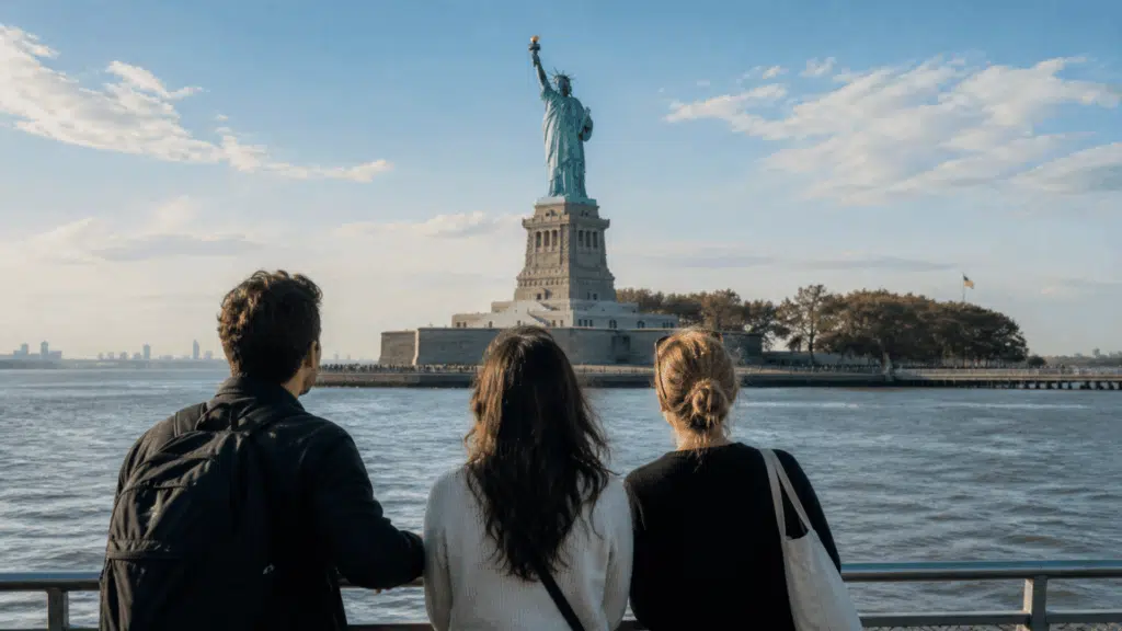 Three people stand by a waterfront railing, looking across the water at the Statue of Liberty under a bright blue sky.