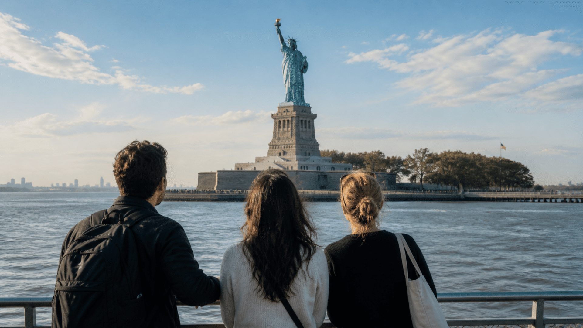 Three people stand by a waterfront railing, looking across the water at the Statue of Liberty under a bright blue sky.