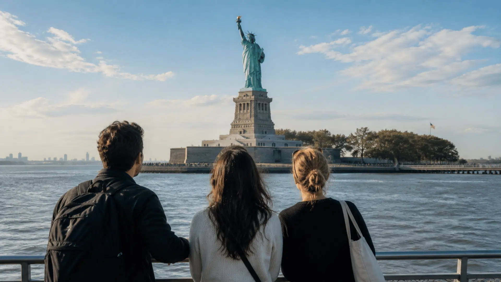 Three people stand by a waterfront railing, looking across the water at the Statue of Liberty under a bright blue sky.