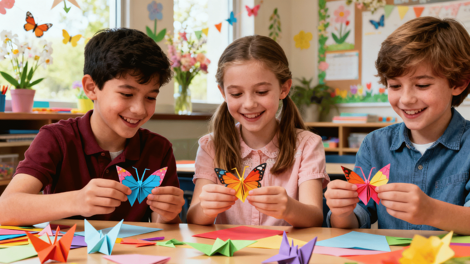 Three smiling children hold colorful origami butterflies at a craft table in a bright classroom with paper flowers and bright sun.