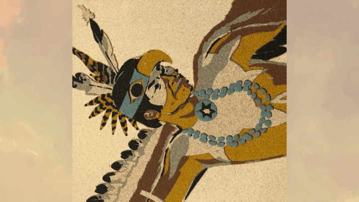 traditional navajo sand painting portrait with tribal feathers turquoise jewelry and native american artwork
