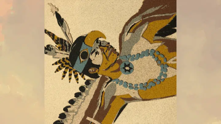 traditional navajo sand painting portrait with tribal feathers turquoise jewelry and native american artwork