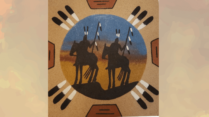 traditional navajo sand painting with horseback tribal figures and southwestern native american desert artwork