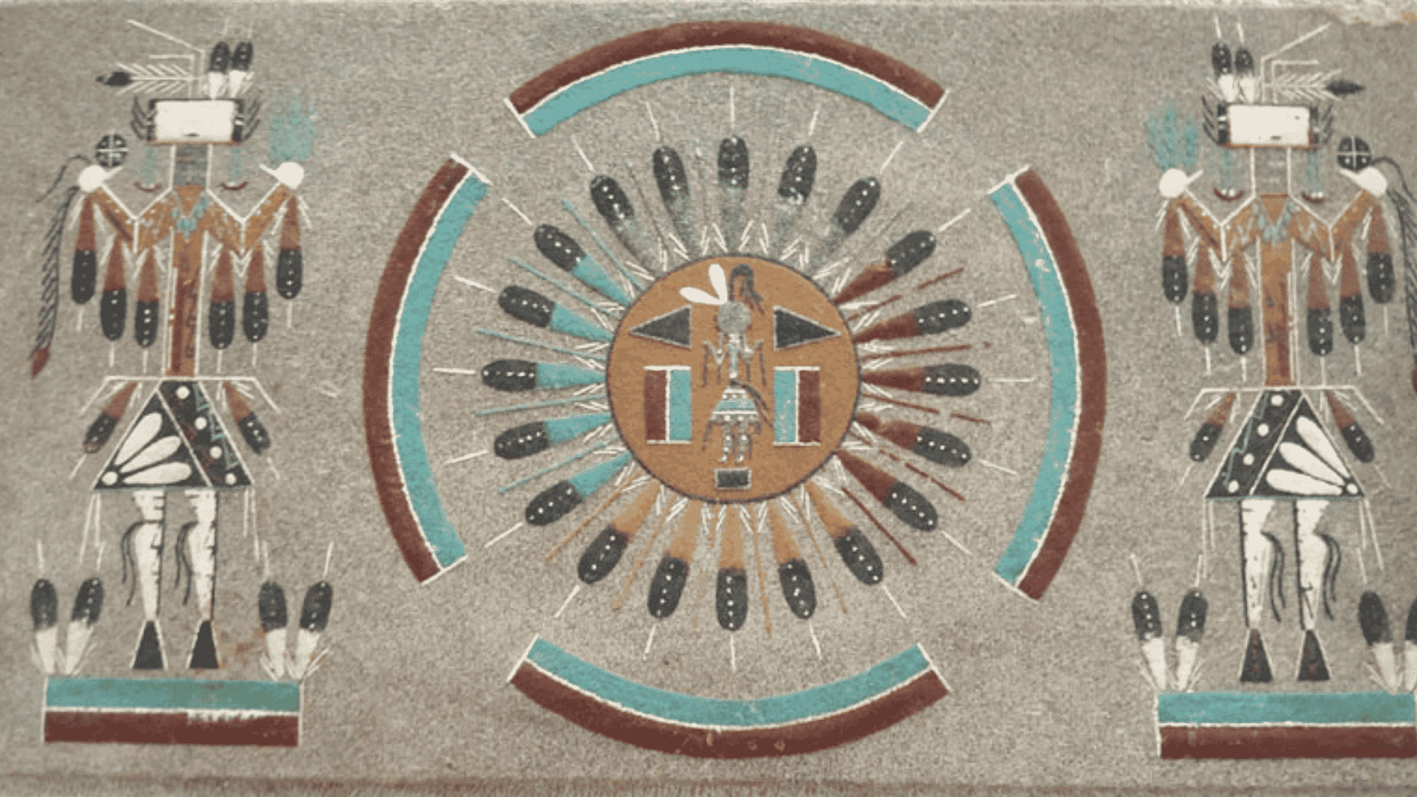 traditional navajo sand painting with tribal figures sacred symbols and turquoise southwestern art design