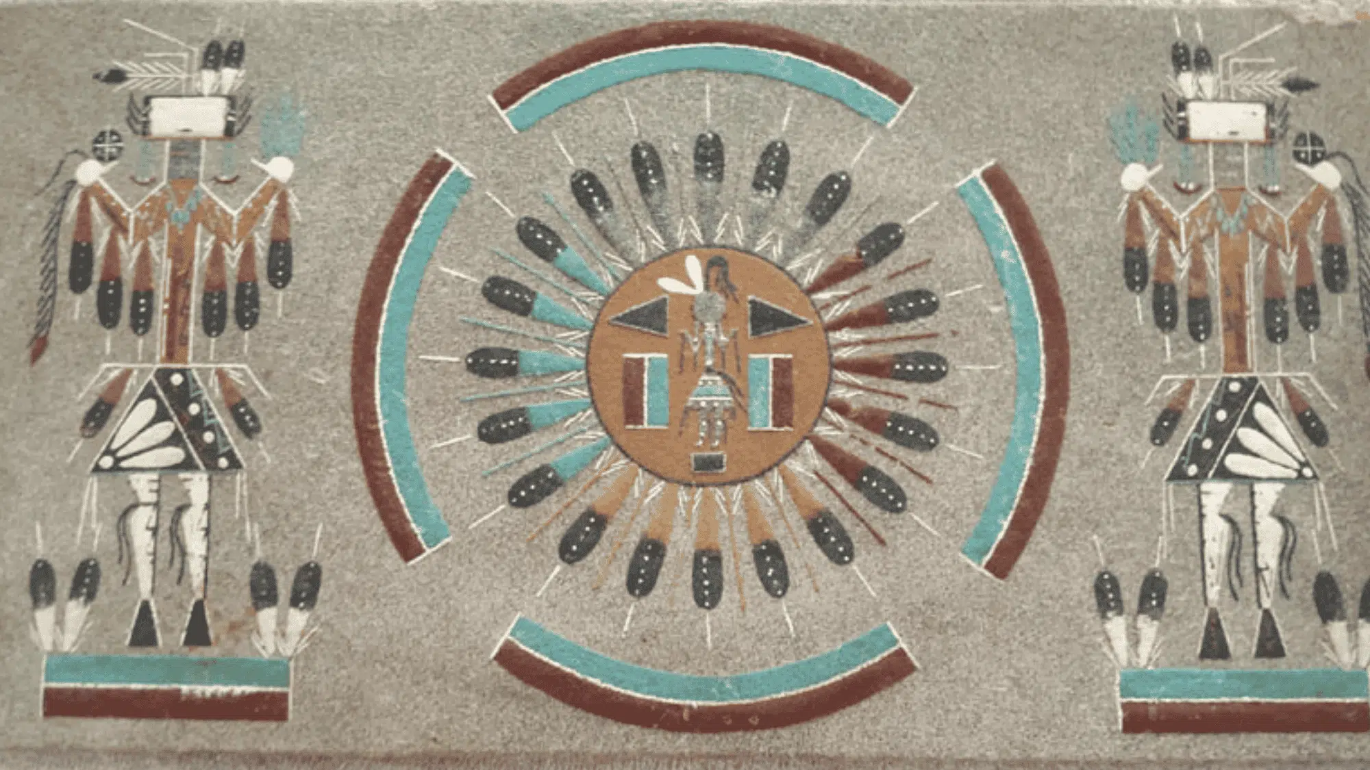 traditional navajo sand painting with tribal figures sacred symbols and turquoise southwestern art design