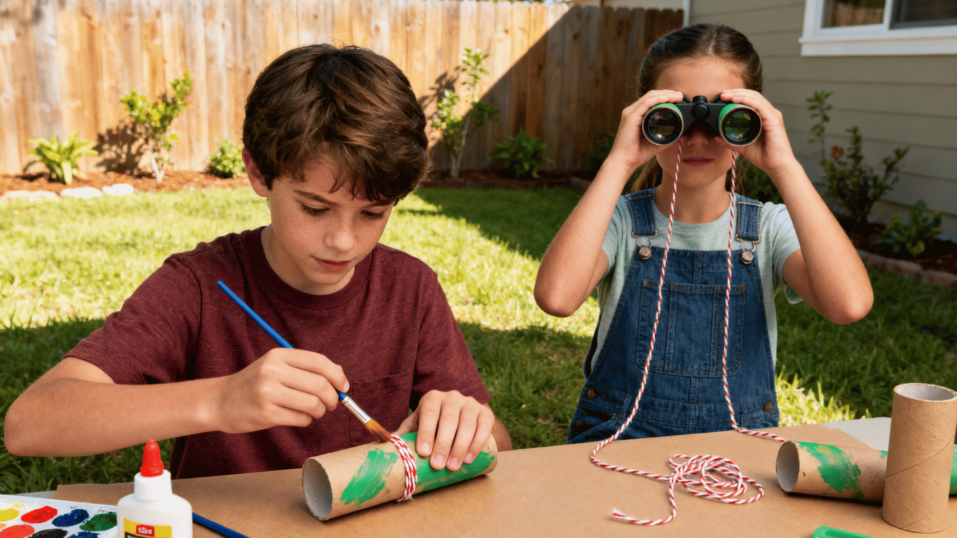 Two children craft DIY binoculars from cardboard tubes outdoors, painting and pretending to explore the backyard. together now.