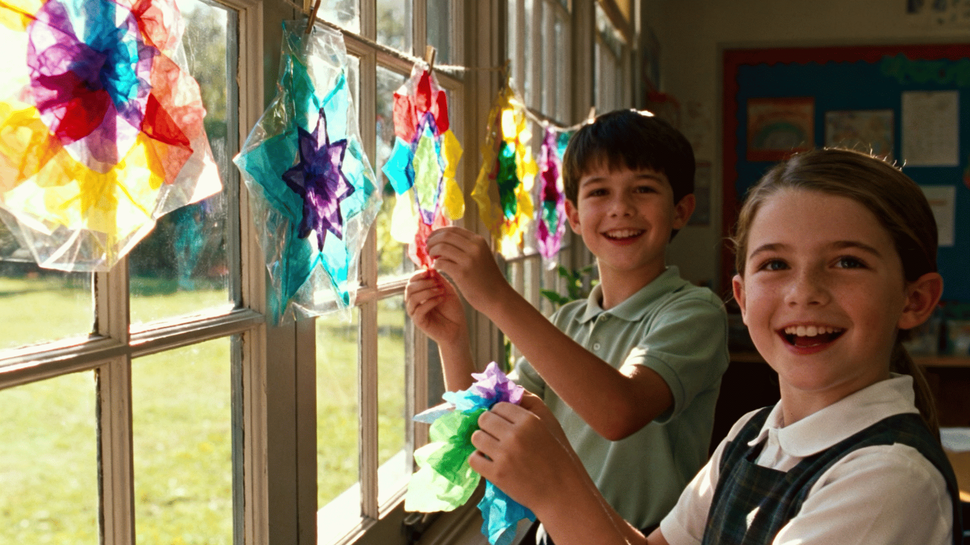 Two children create glowing paper lanterns with scissors and colorful paper during a cozy evening craft activity indoors. (2)