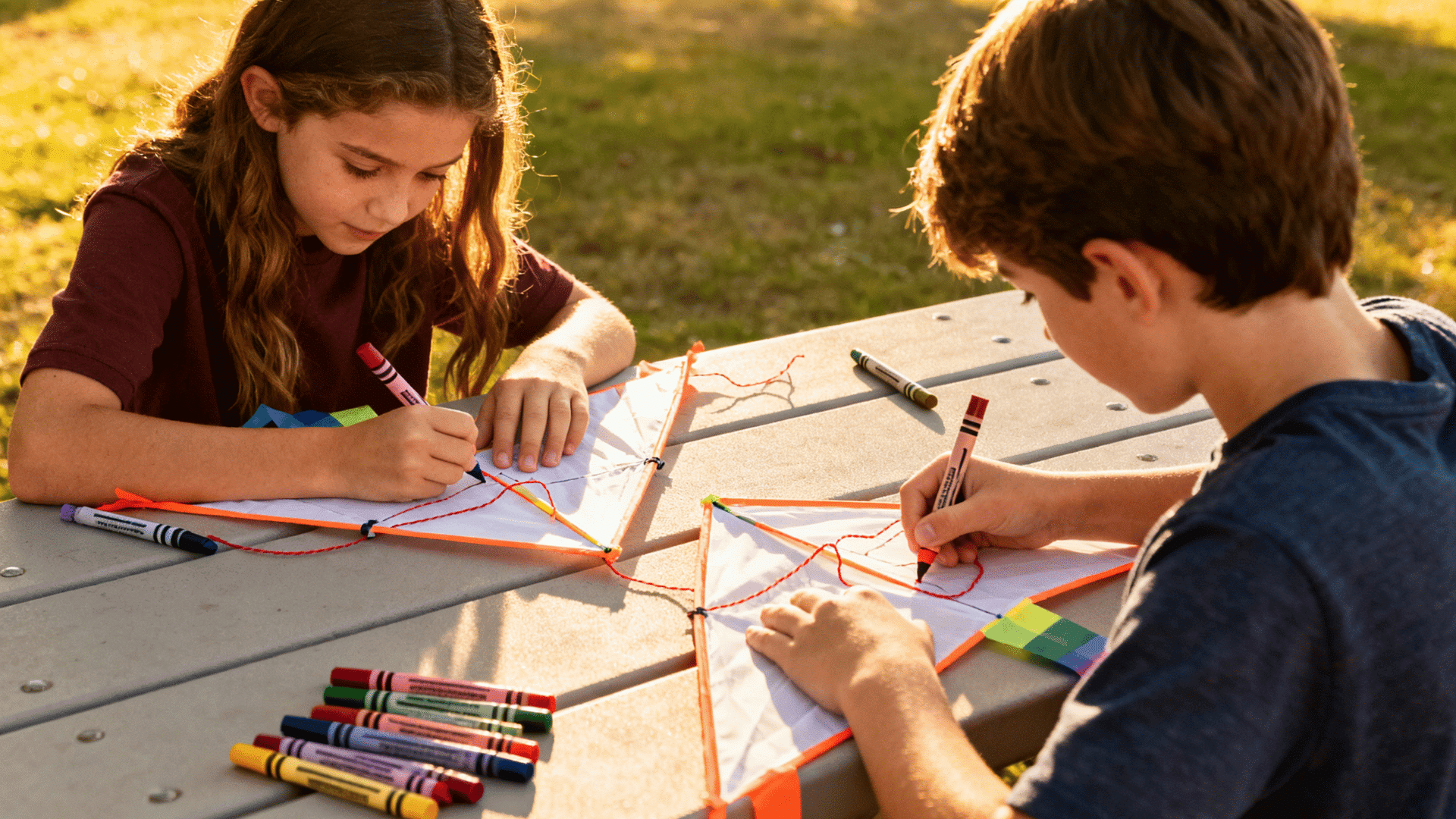 Two children decorate colorful kites with markers while sitting at a picnic table outdoors in warm sunlight.