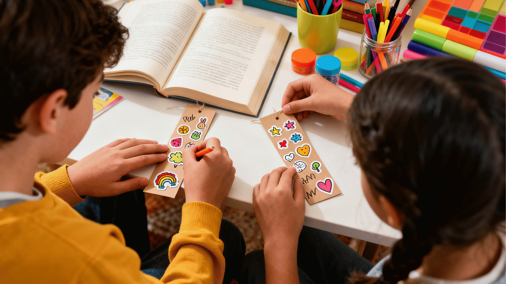 Two children decorate handmade bookmarks with colorful stickers beside an open book and bright art supplies at classroom desks now
