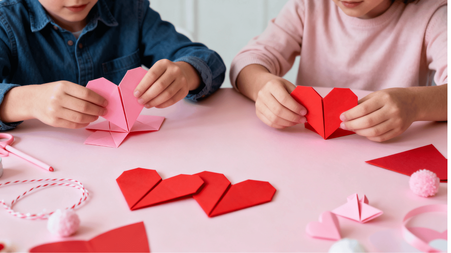 Two children fold pink and red paper hearts at a craft table with origami shapes, ribbon, and soft pom poms. in class. together. (1)