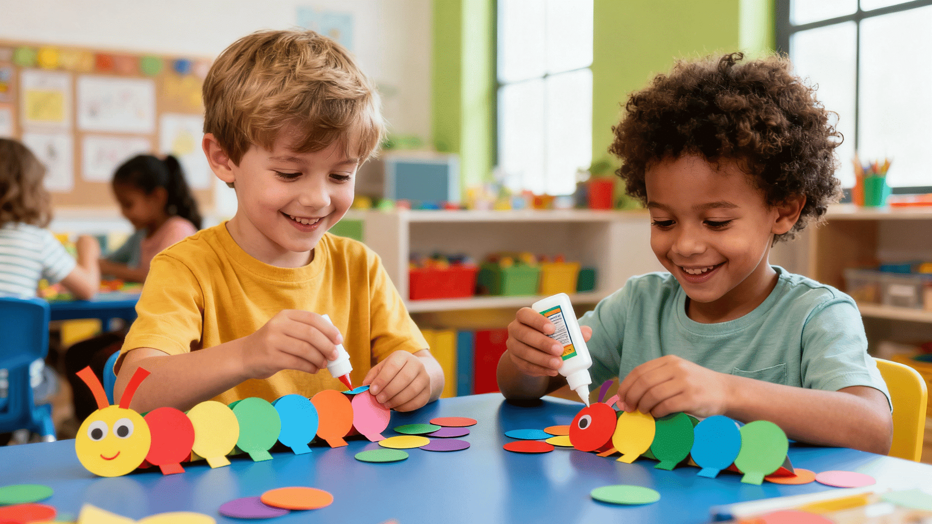 Two children glue colorful paper caterpillar crafts together while smiling in a bright preschool classroom.