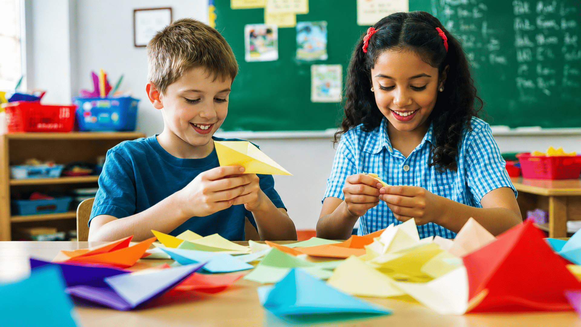 Two children happily fold colorful paper crafts together in a bright classroom filled with vibrant origami and school supplies.