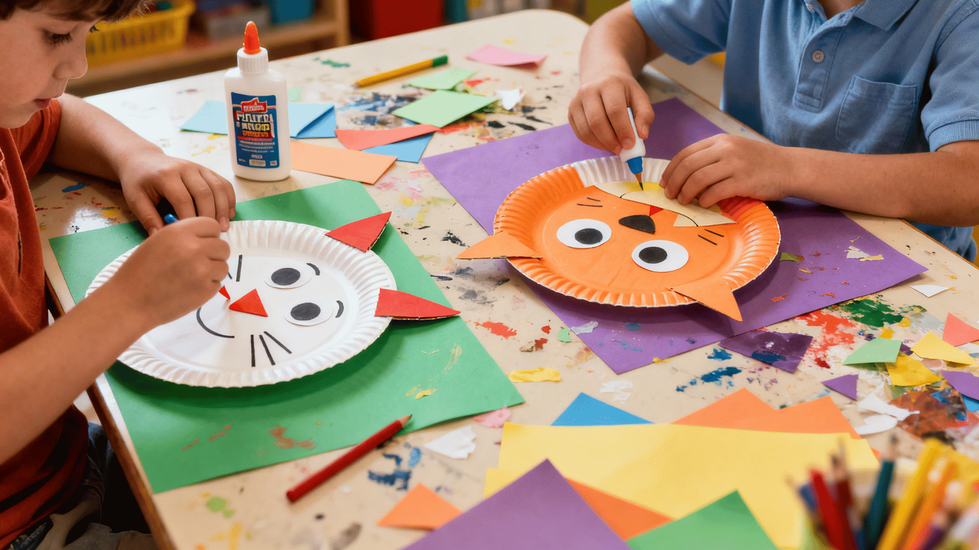 Two children make paper plate cat crafts with glue and colorful paper on a messy classroom art table during activity in class.