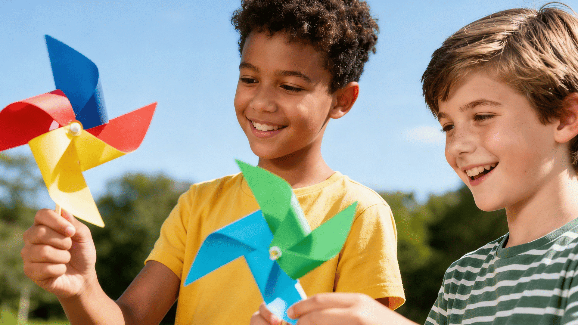 Two children smile while holding colorful paper pinwheels outdoors on a sunny day during playful craft fun in the park together.