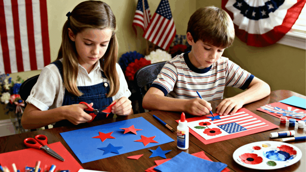 Two kids making Memorial Day crafts with red, white, and blue paper, cutting stars and decorating patriotic cards at a table with flags nearby