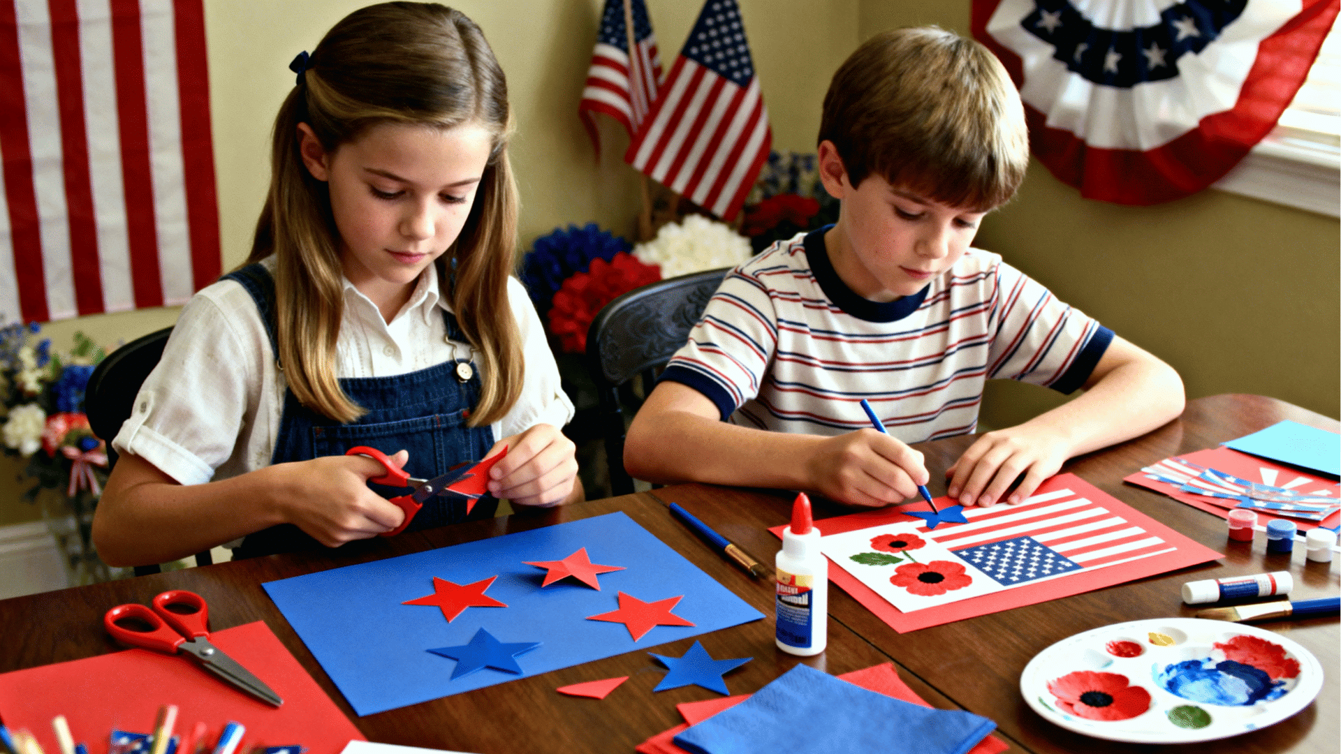 Two kids making Memorial Day crafts with red, white, and blue paper, cutting stars and decorating patriotic cards at a table with flags nearby