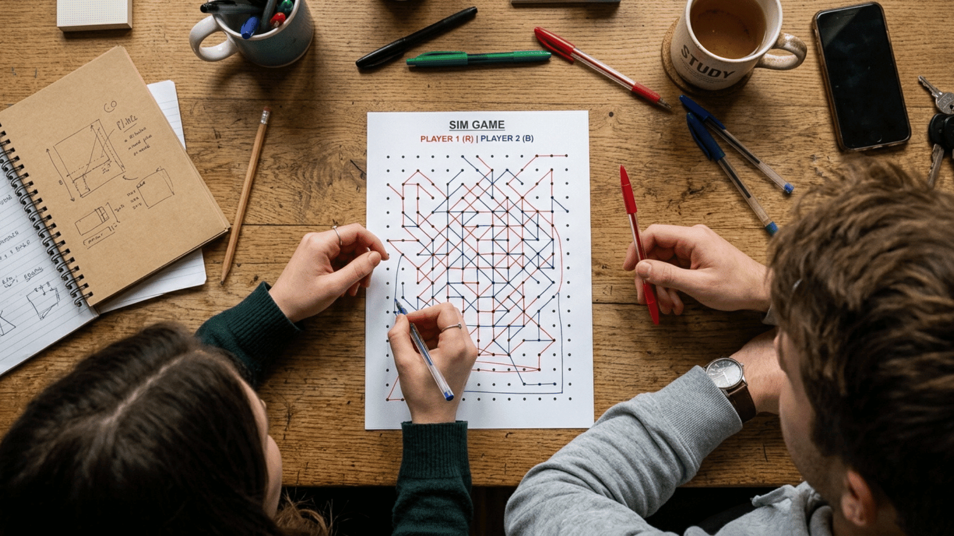 two people playing the strategy game Sim on paper with red and blue connected dots, colorful pens, and stationery spread across a wooden table.