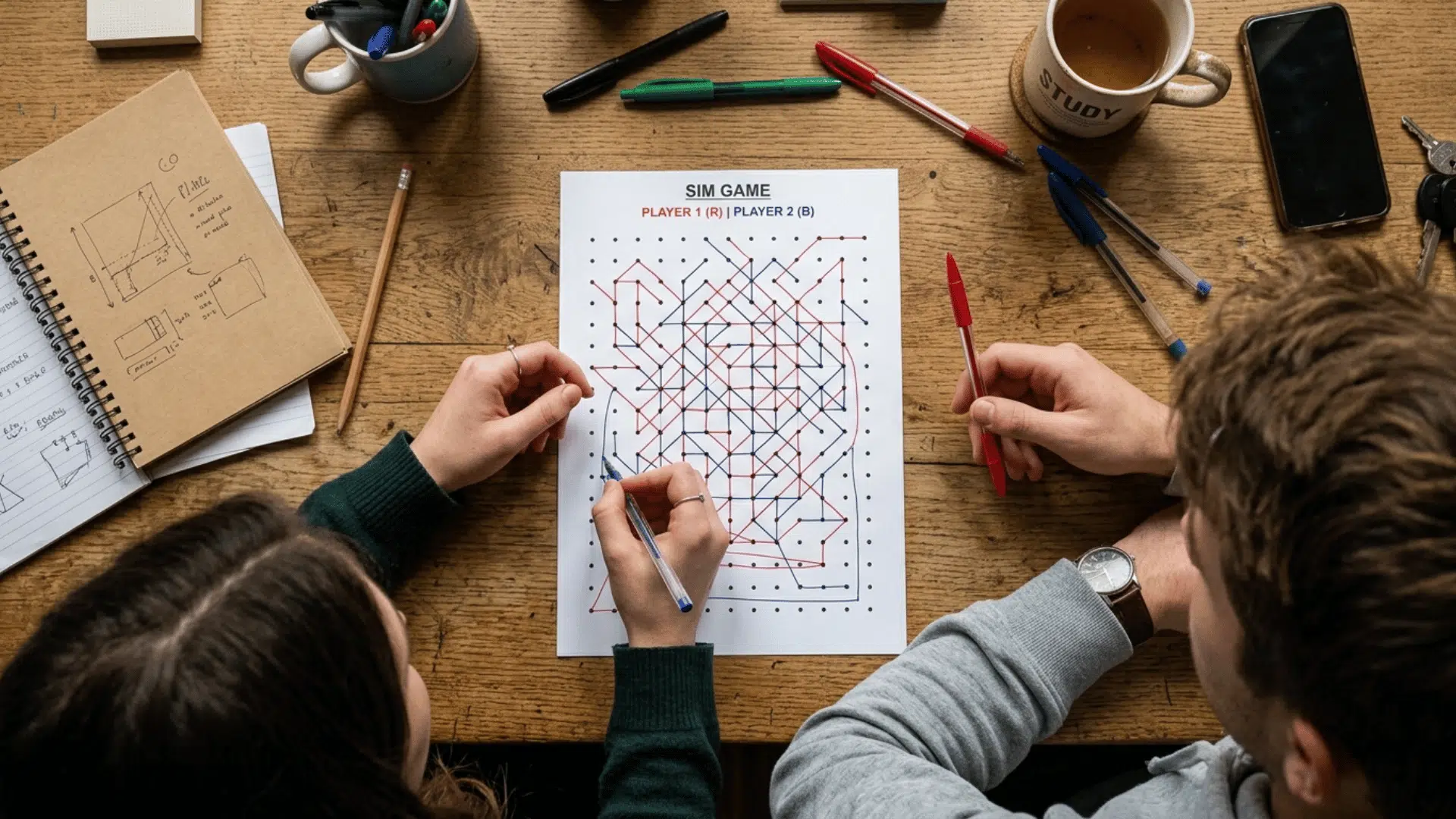 two people playing the strategy game Sim on paper with red and blue connected dots, colorful pens, and stationery spread across a wooden table.