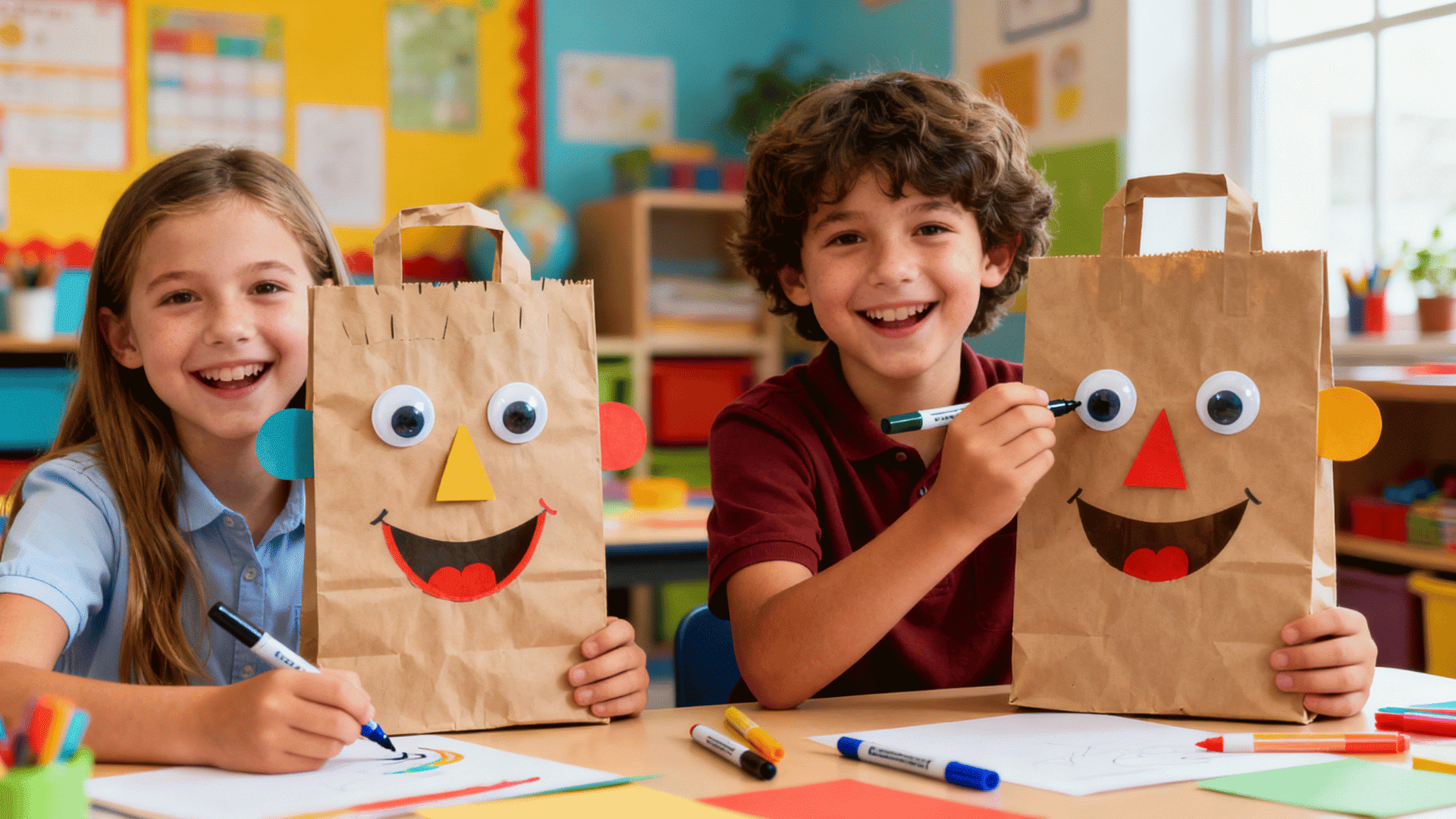 Two smiling children hold paper bag puppets with googly eyes while drawing at a colorful classroom craft table. during art. class!