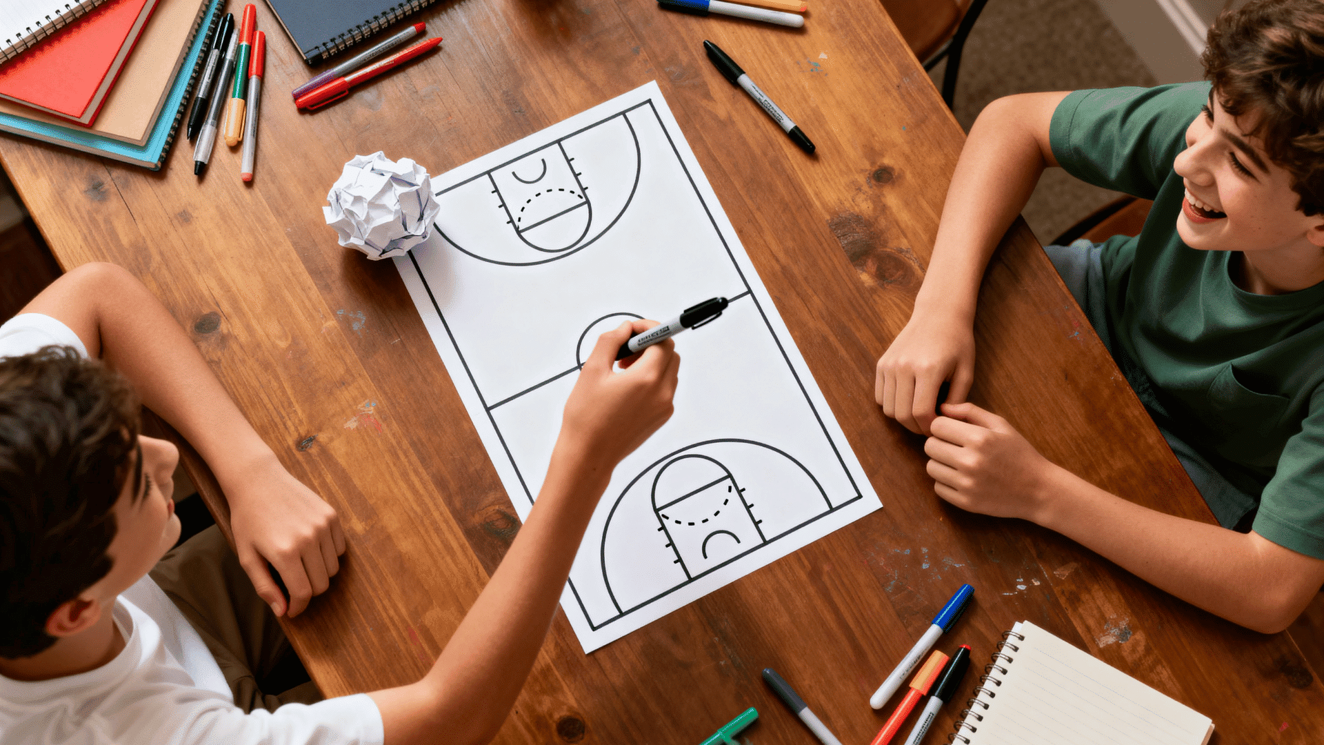 two teenagers playing a paper basketball game on a wooden table with a crumpled paper ball, hand-drawn score zones, and scattered pens in a fun indoor setting.