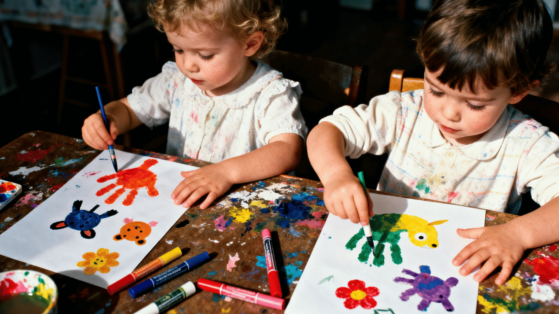 Two toddlers paint colorful handprint animals and flowers on paper at a messy art table during creative play time indoors.