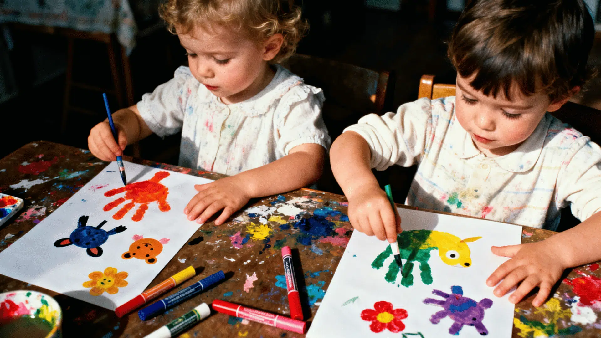 Two toddlers paint colorful handprint animals and flowers on paper at a messy art table during creative play time indoors.