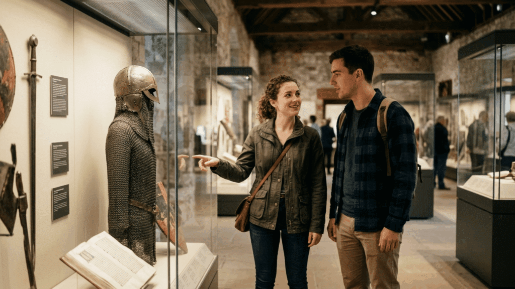 two visitors exploring a museum exhibit, looking at medieval armor and artifacts displayed in glass cases inside a historic gallery setting