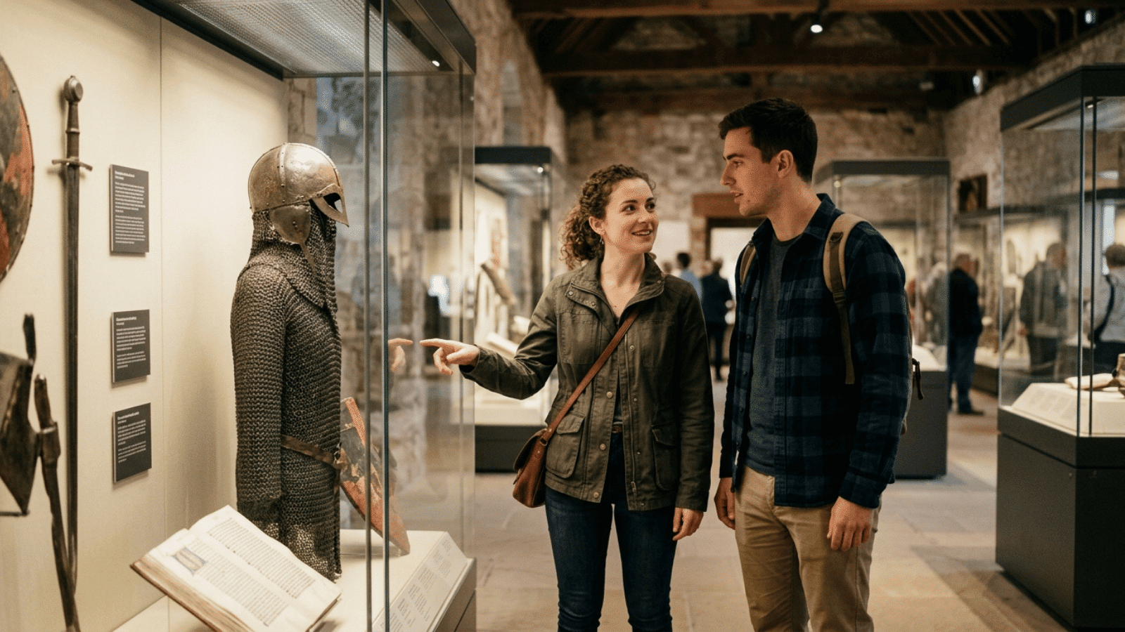 two visitors exploring a museum exhibit, looking at medieval armor and artifacts displayed in glass cases inside a historic gallery setting