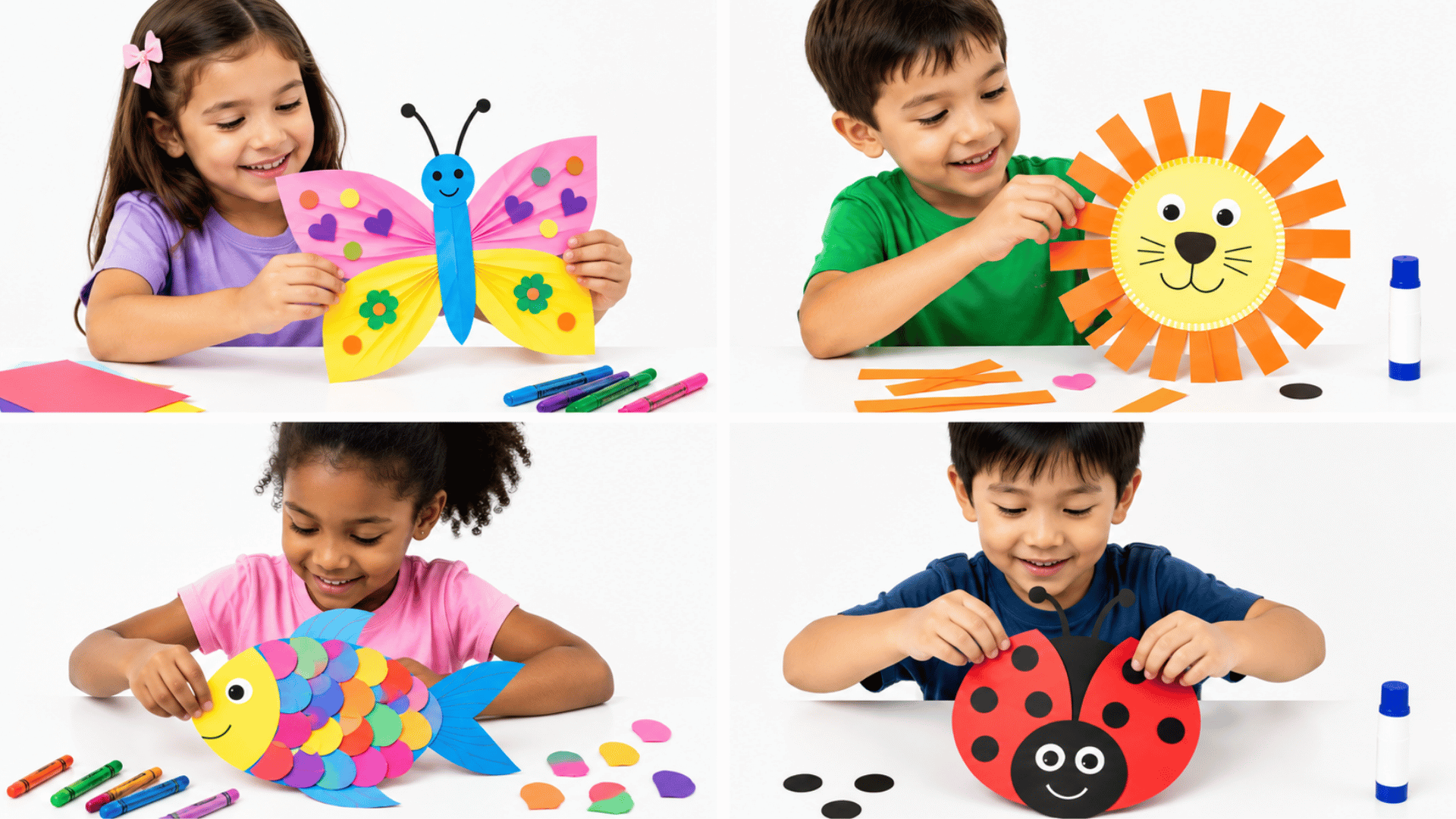 US kids making colorful paper animal crafts in four panels, including butterfly, lion, fish, and ladybug, on a white background.