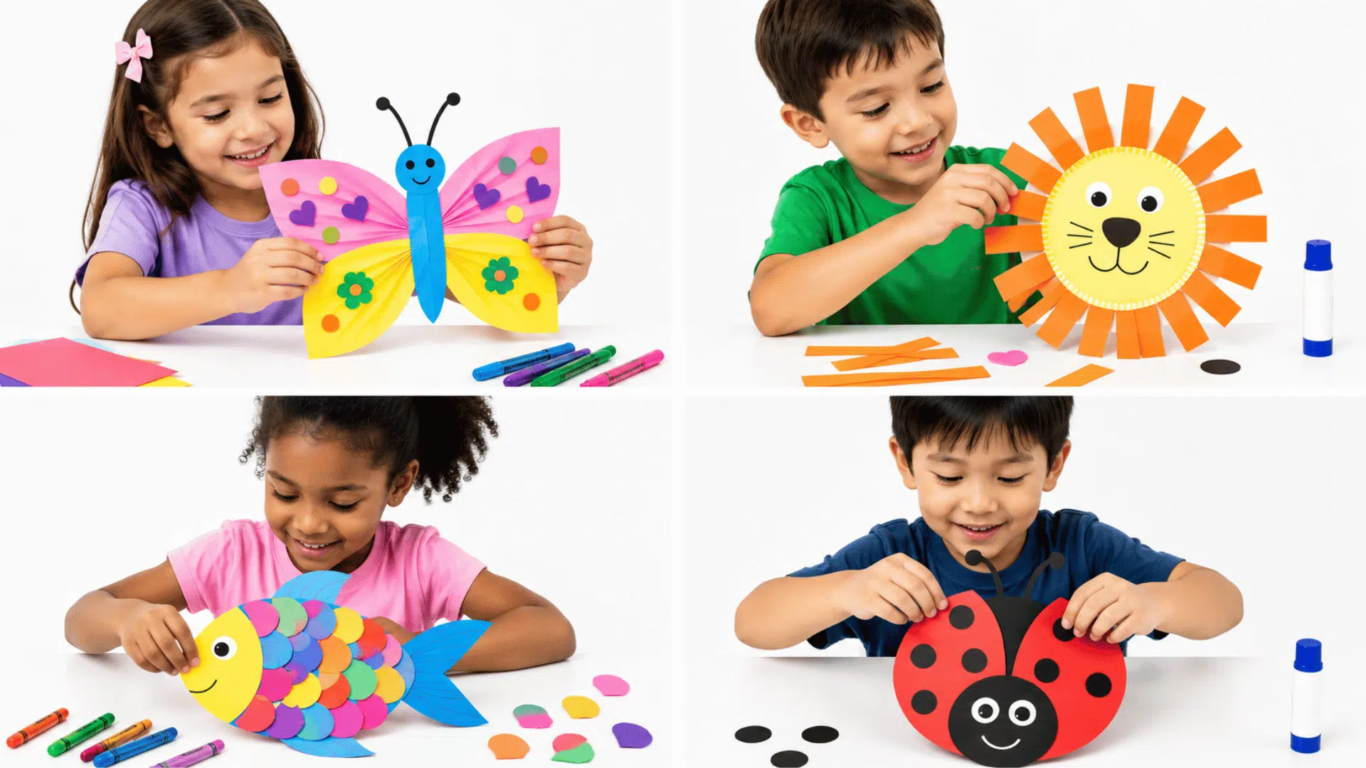 US kids making colorful paper animal crafts in four panels, including butterfly, lion, fish, and ladybug, on a white background.