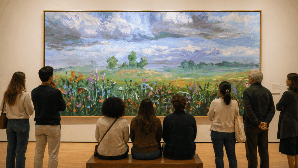 Visitors in a museum gallery viewing a large framed landscape painting of a meadow with flowers, trees, and cloudy sky.