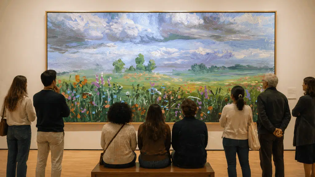 Visitors in a museum gallery viewing a large framed landscape painting of a meadow with flowers, trees, and cloudy sky.