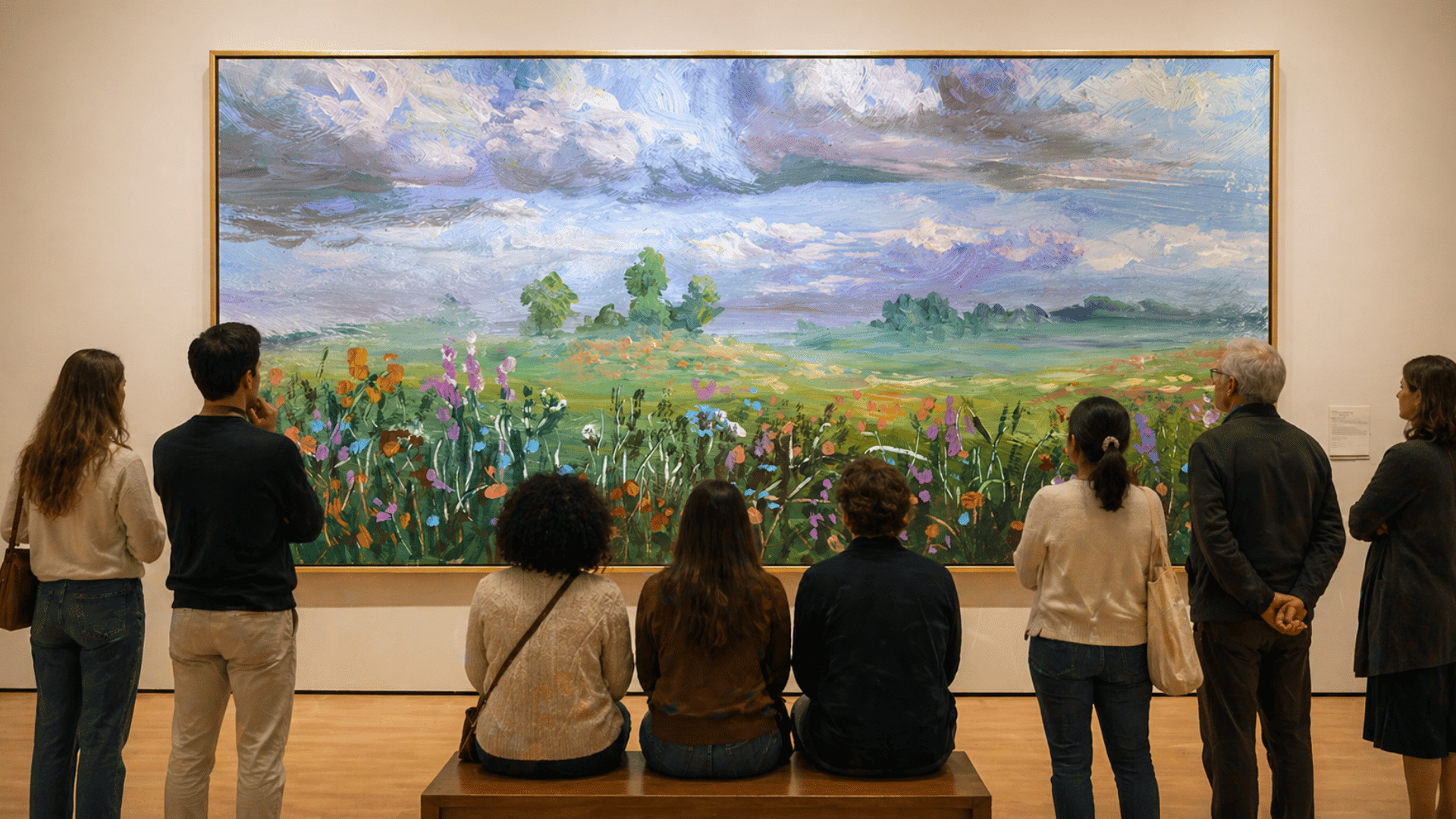 Visitors in a museum gallery viewing a large framed landscape painting of a meadow with flowers, trees, and cloudy sky.