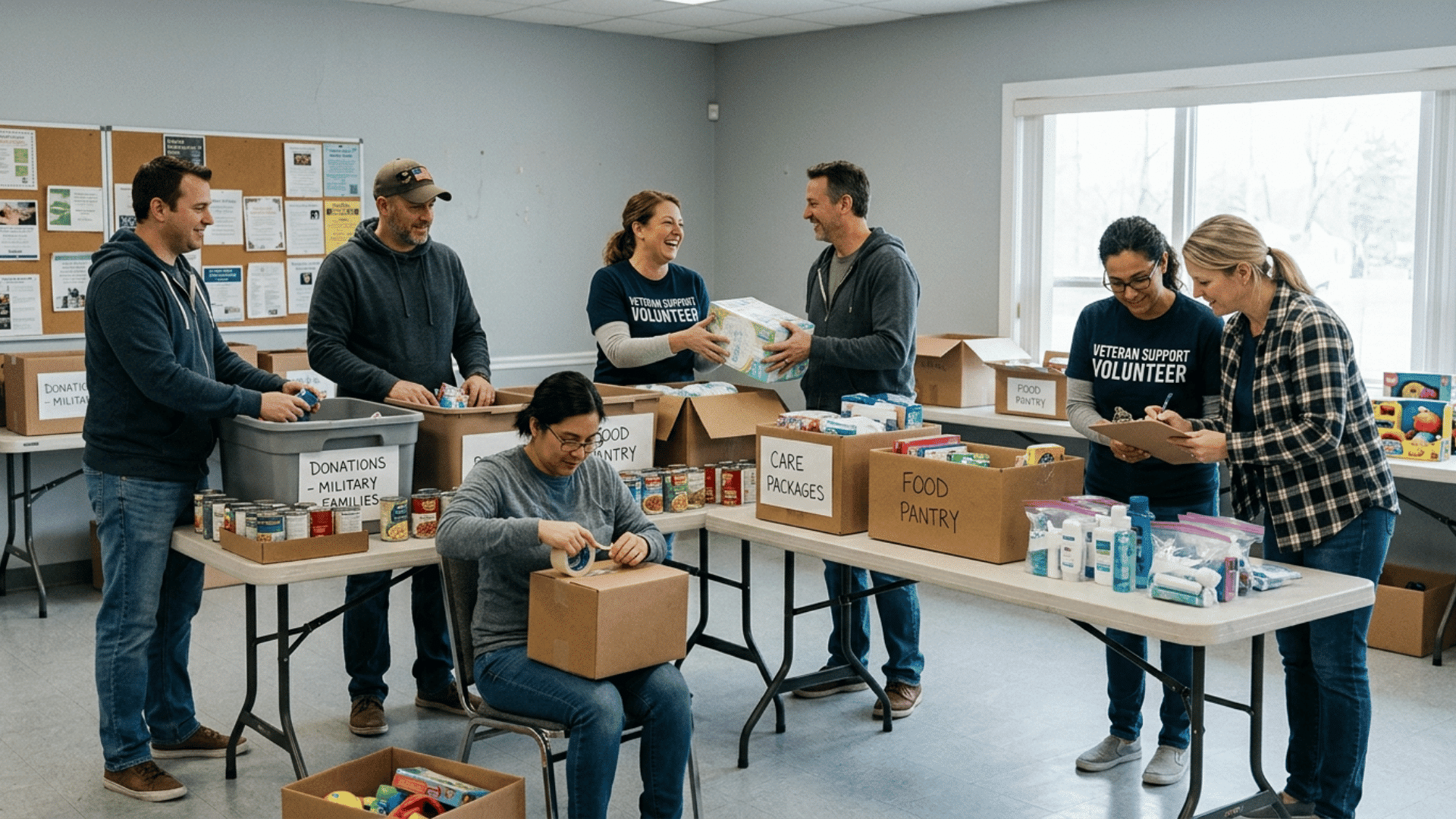 volunteers packing care supplies for military families in a community center, supporting veterans on Memorial Day