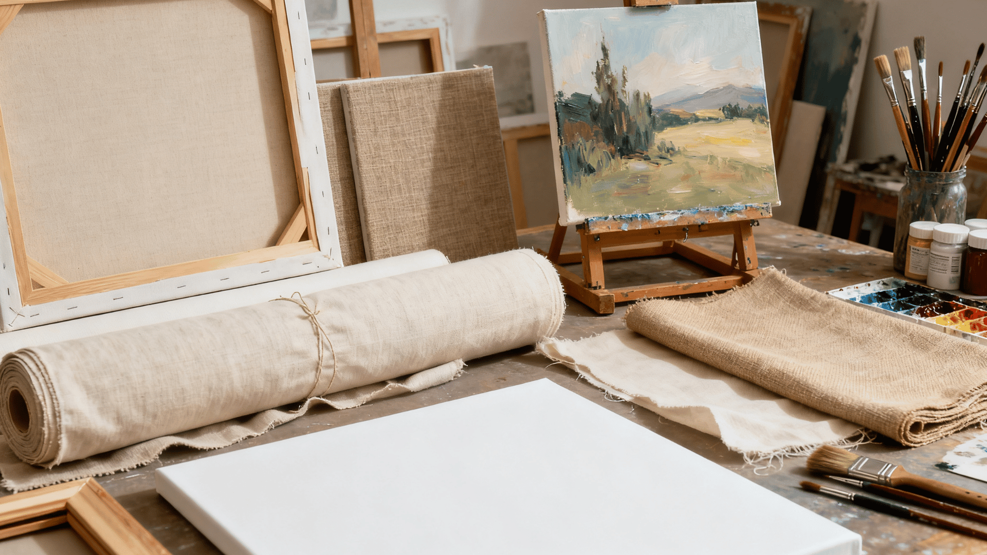 What is canvas material shown with artist canvases, fabric rolls, paint brushes, and textured cloth in an art studio setting.