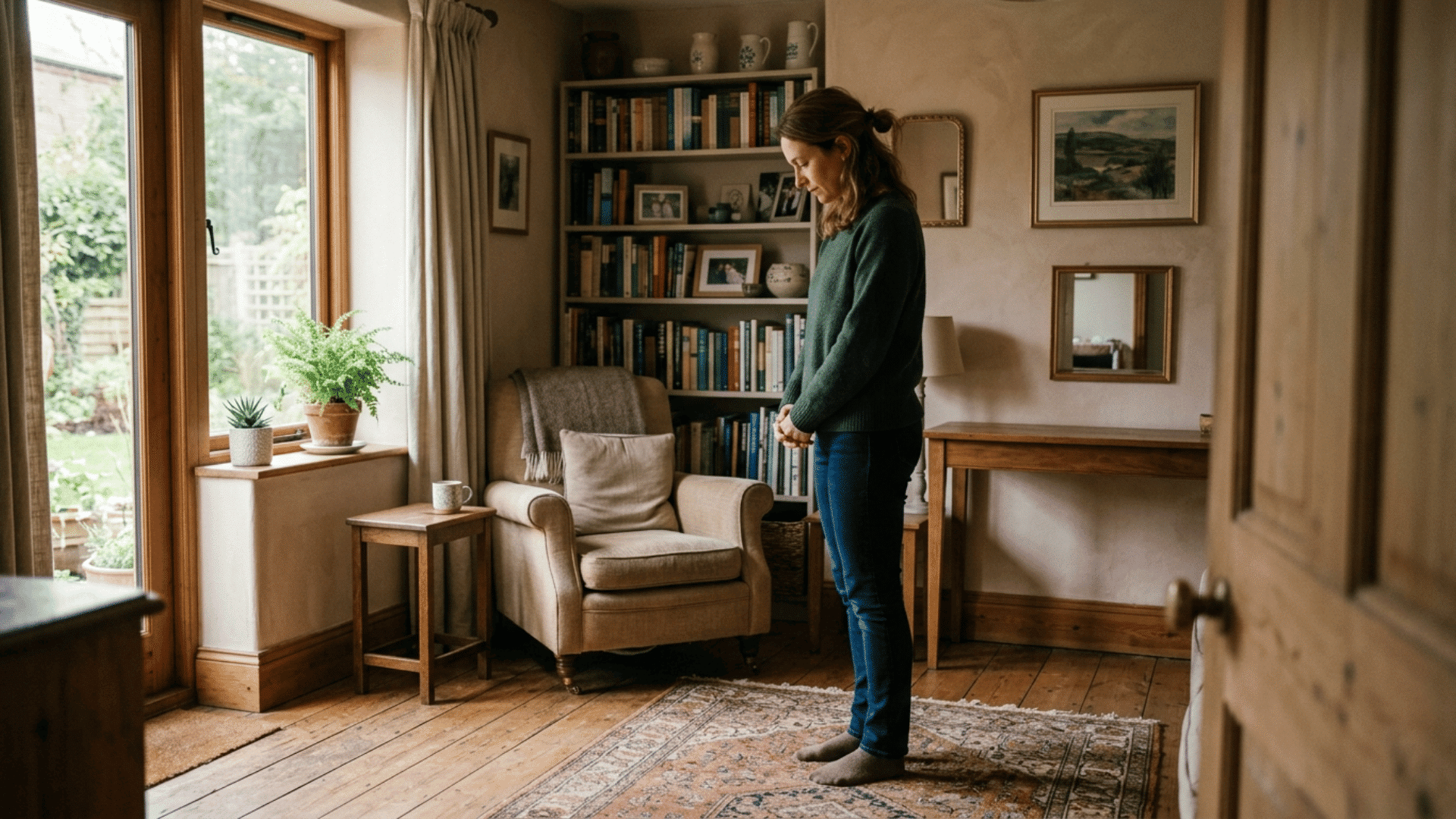 woman standing quietly in a cozy living room, reflecting in silence during Memorial Day with soft natural light around