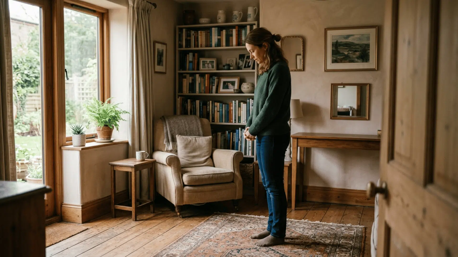 woman standing quietly in a cozy living room, reflecting in silence during Memorial Day with soft natural light around