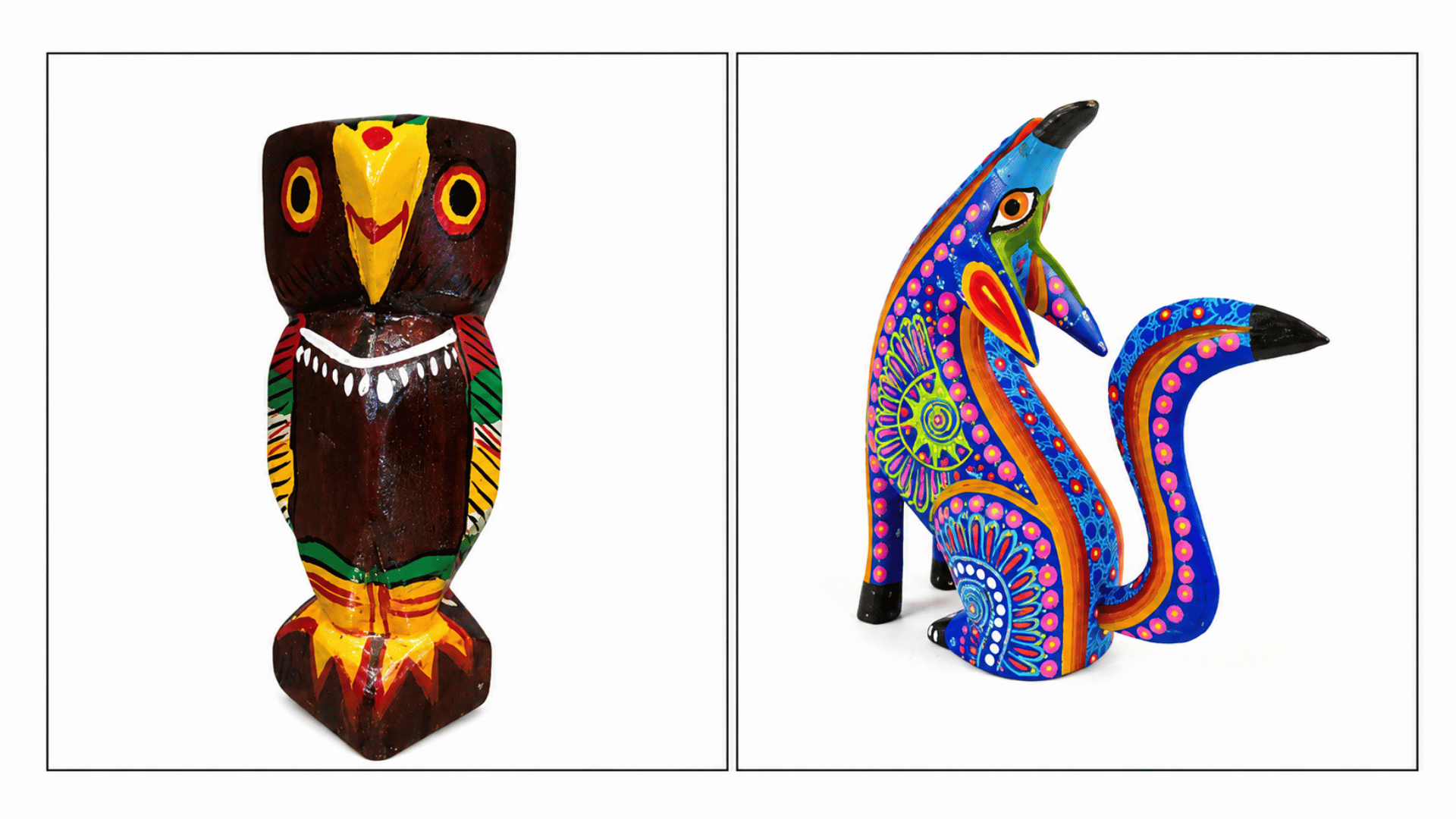 Wood and Clay Crafts display featuring a hand-painted owl carving and colorful folk art sculpture on white background