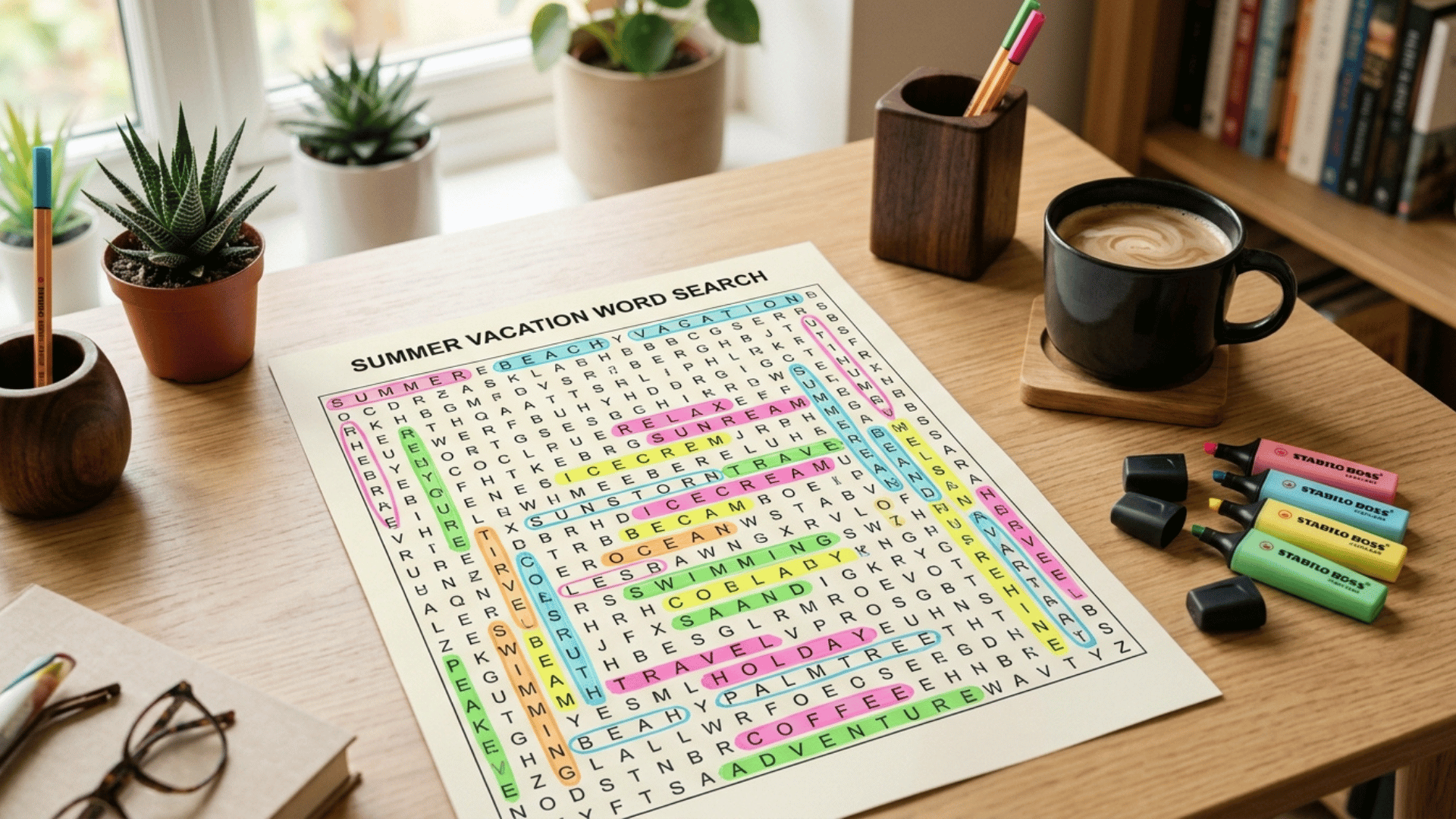 Word search puzzle with several hidden words highlighted using colorful markers.