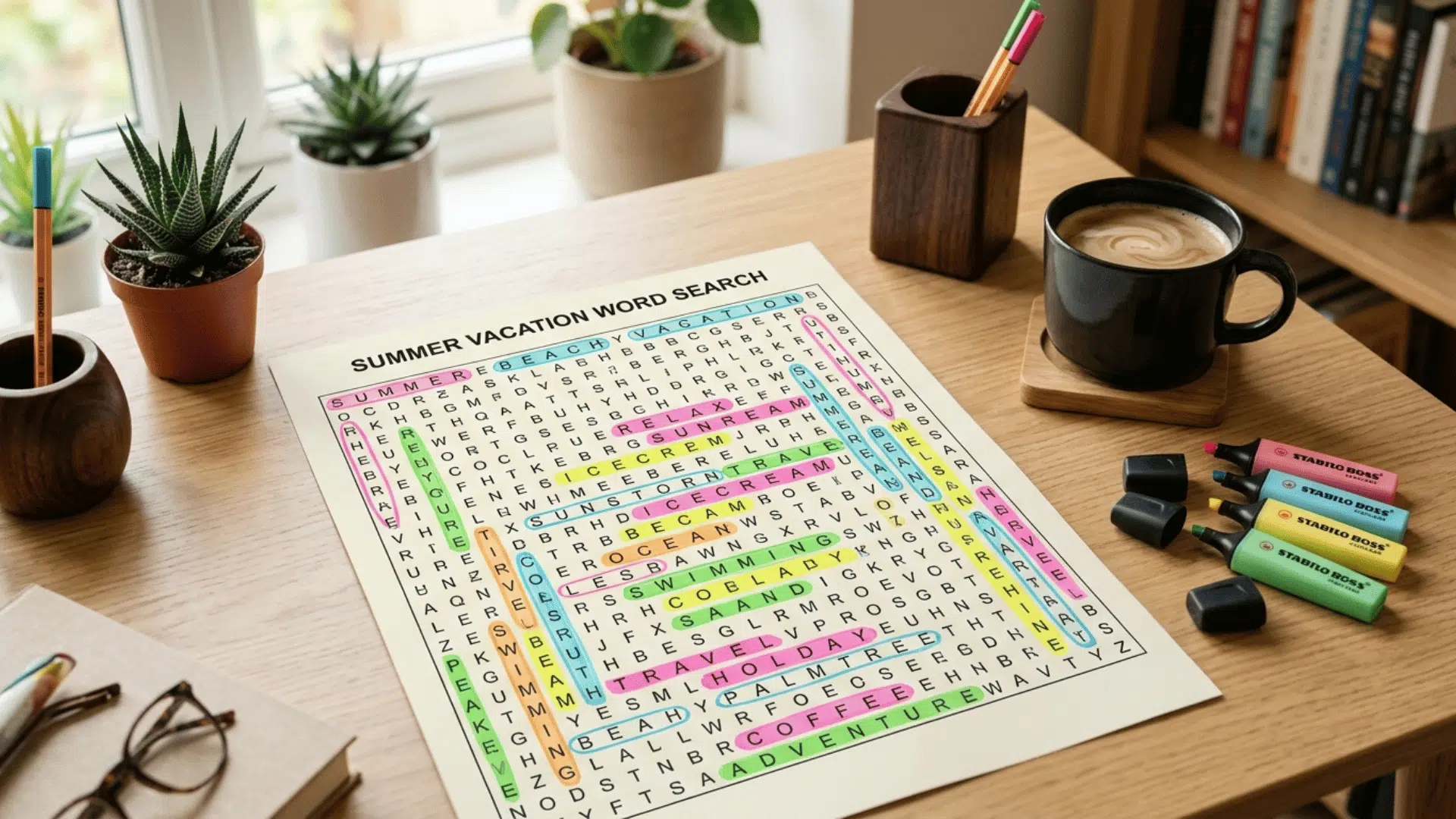 Word search puzzle with several hidden words highlighted using colorful markers.