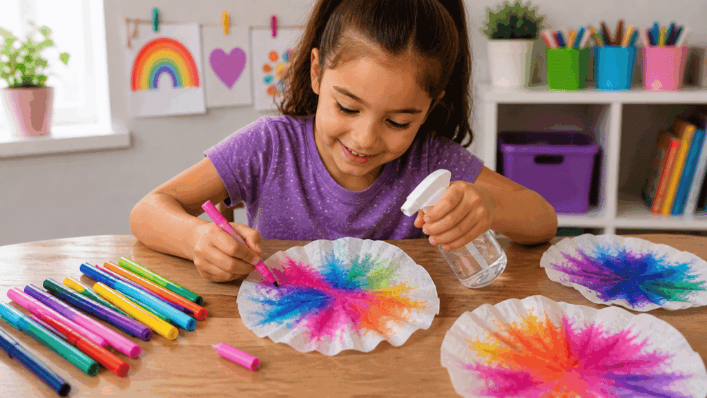 Young child coloring coffee filters with markers and spraying water, creating bright blended patterns at a craft table in a sunny room